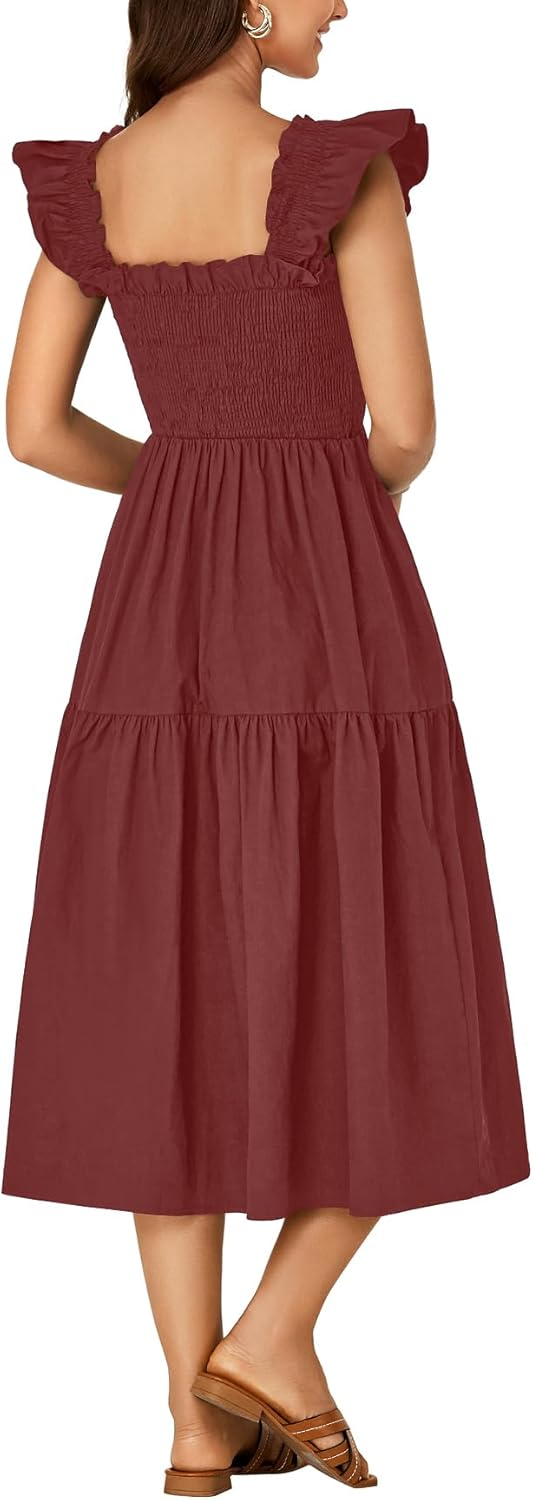 Rooscier Women's Square Neck Smocked Ruffle Sleeveless Backless Sundress A Line Midi Dress - Image 2