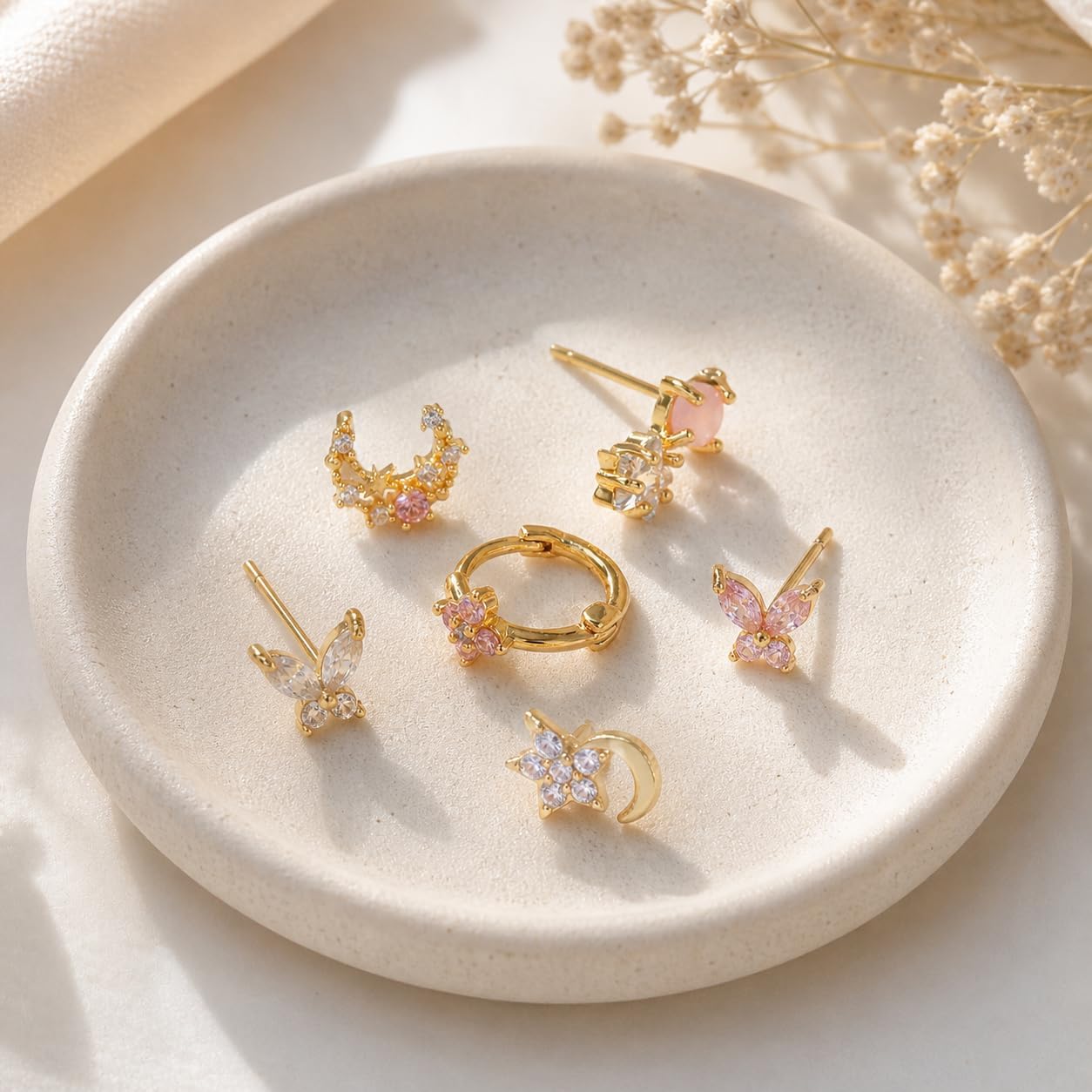 Tiny Astrology 14K Gold Plated Butterflies Stud Minimalist Earring Set, Gold Pink Tone, Zirconia Floral and Constellation Styles with Gift Box