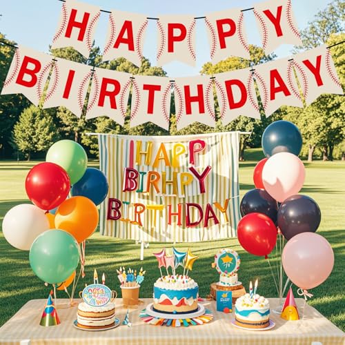 Image of Baseball Happy Birthday Banner with Hanging Kit, Happy Birthday Baseball Theme Party Decorations, Sports Decor for Boys Kids Men, Game Day Tailgate Team Party Supplies