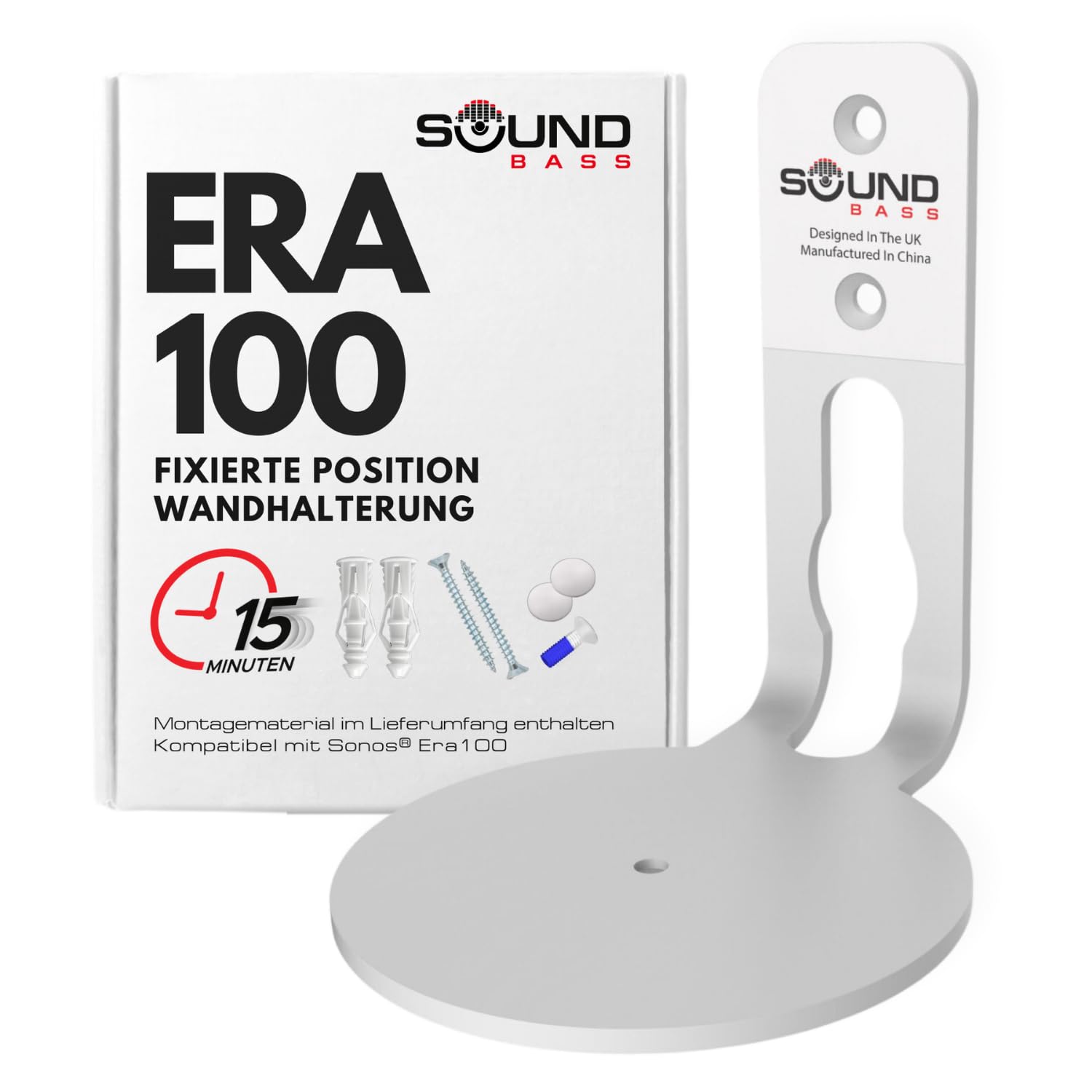Sound Bass ERA100 Wall Mount Bracket, Low Profile, White, Single Unit, Compatible with Sonos ERA 100 Speaker, Complete with All Fixing Hardware