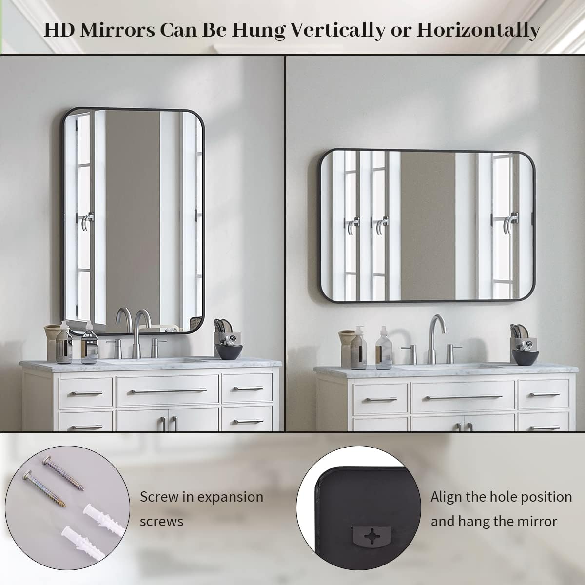 BEAUTYPEAK Wall Mirror 24" x 36" Rectangular Bathroom Mirror with Aluminum Alloy Frame, Rounded Corners Hanging Mirror for Living Room Bedroom Bathroom Entryway, Hangs Horizontal or Vertical, Black