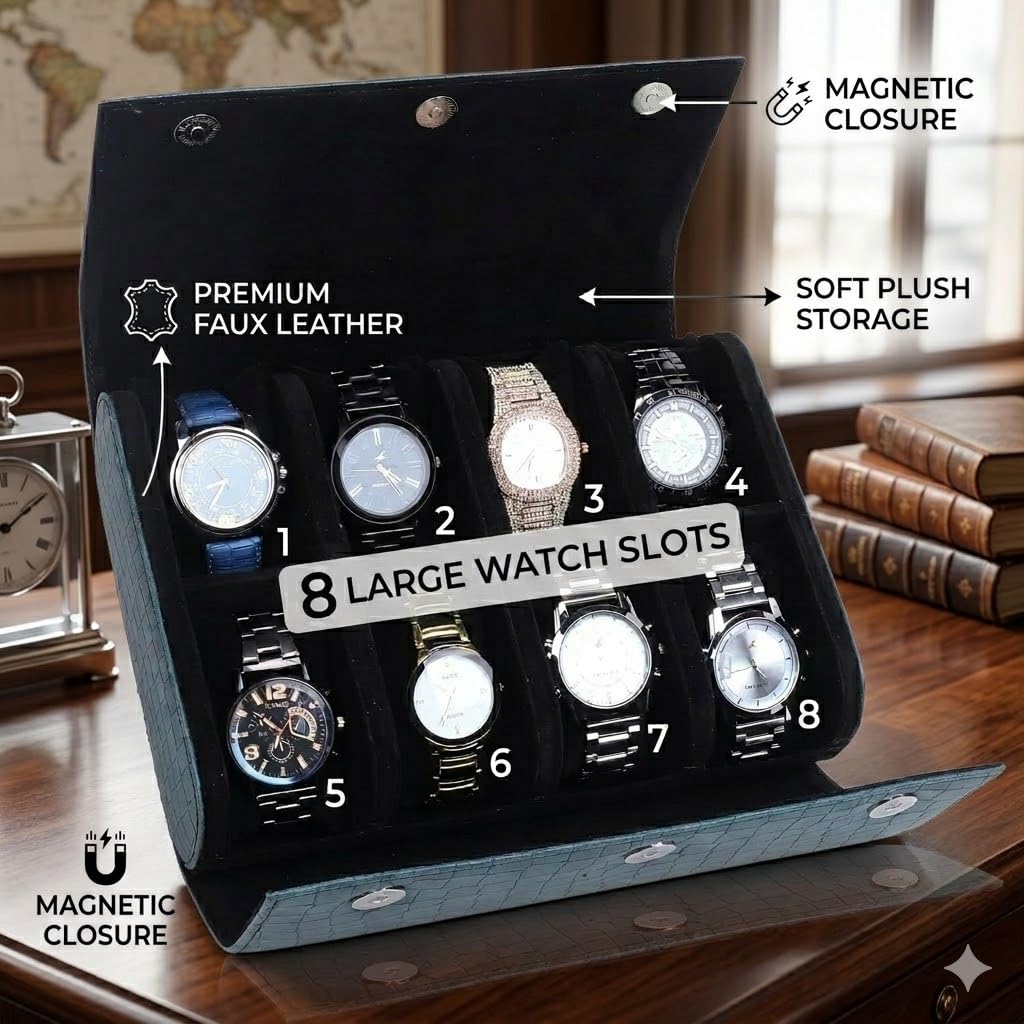 essart Scatola per orologi di alta qualità a 8 scomparti, per uomini e donne, in pelle PU, organizer rotondo per orologi da viaggio, con serratura e cuscino WR-1018-Croco-verde