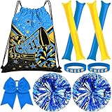 CEMOTY Cheer Drawstring Backpack Set Including Cheer Drawstring Bags, Pom Poms Cheerleading, Cheer Hair Bows, Silicone Cheerleading Wristbands,Thunder Sticks-Blue Yellow Cheer Gifts Bulk