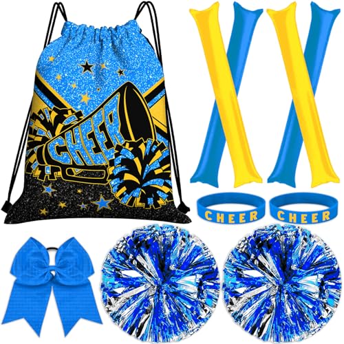 CEMOTY Cheer Drawstring Backpack Set Including Cheer Drawstring Bags, Pom Poms Cheerleading, Cheer Hair Bows, Silicone Cheerleading Wristbands,Thunder Sticks-Blue Yellow Cheer Gifts Bulk