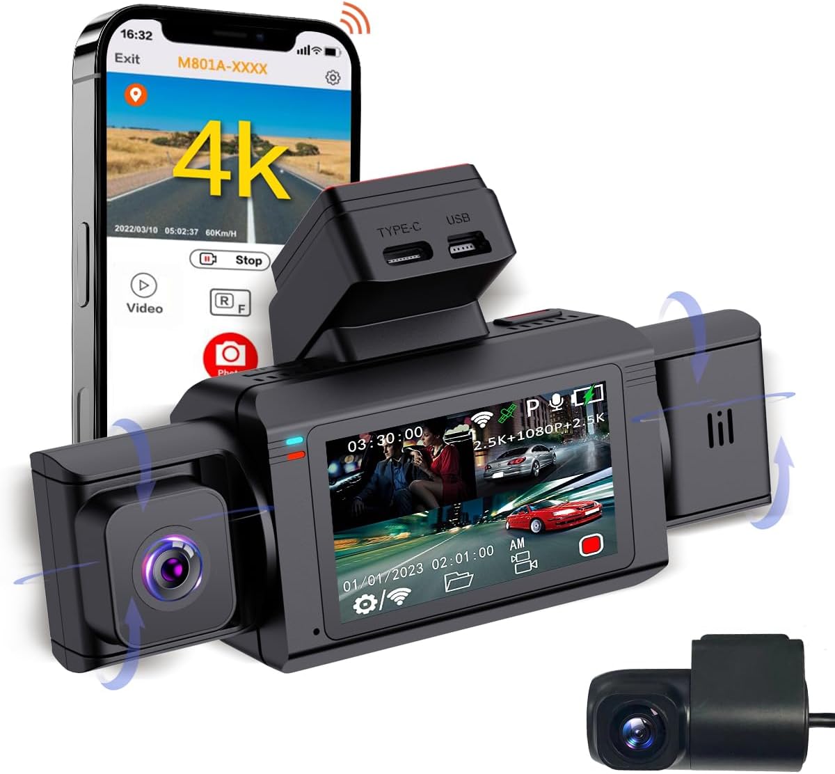 Eyoukera 3 Channel Dash Cam, 4K+2k+1080P Front Inside Rear Three Way Triple Car Dashboard Camera, 2-inch IPS screen 140° wide-angle camera, Gravity sensor, loop recording, maximum support 256GB