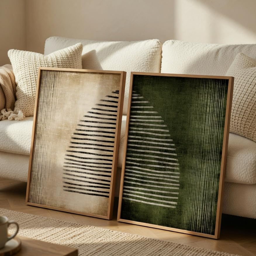 Image of Livin'luxe Modern Abstract Geometric Wall Painting Set of 2 with Wooden Frames | Minimalist Line Art HD Sparkle Laminated MDF Wall Decor | Contemporary Abstract Wall Art for Living Room Bedroom
