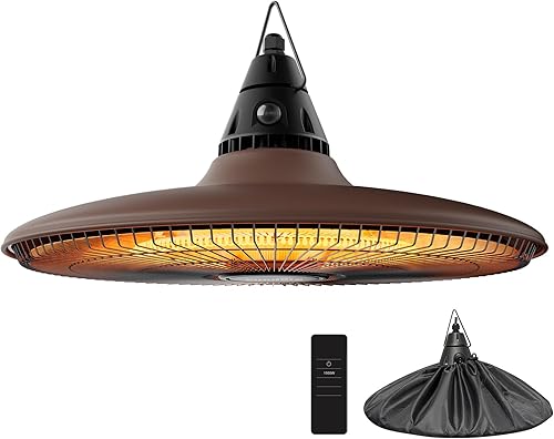 Miniatura 8 de Calentador colgante eléctrico de techo para patio de 1500 W con control remoto, infrarrojo para patio, garaje, patio, protección contra Negro,Marrón