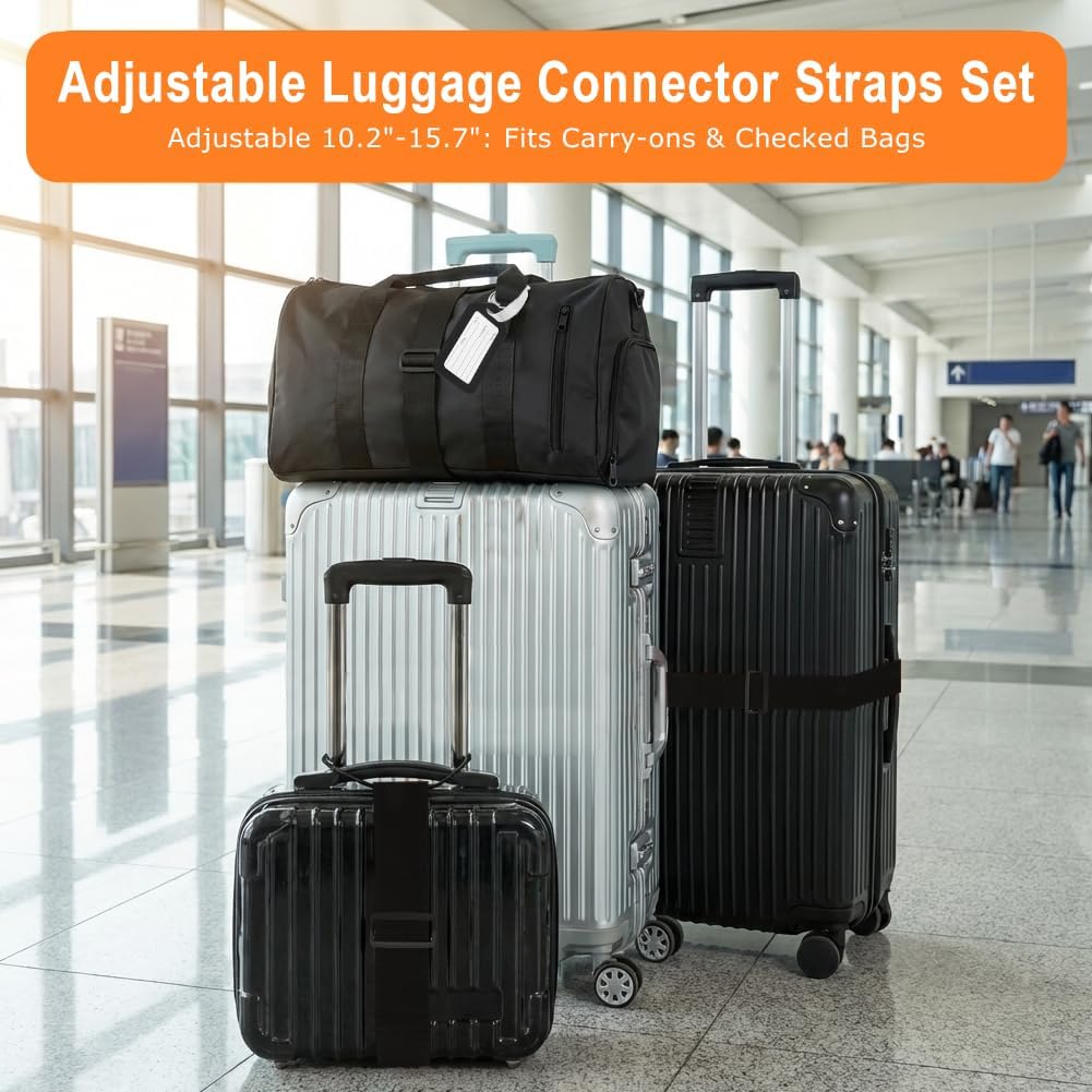 Luggage Strap Set, Multi-Use Adjustable Connector Straps, 4-Piece 10.2 to 15.7 inch Fabric Linking Bands and 2 Luggage Tags, Adjustable Bungee Elastic Belt for Stacking and Attaching Bags(Black)