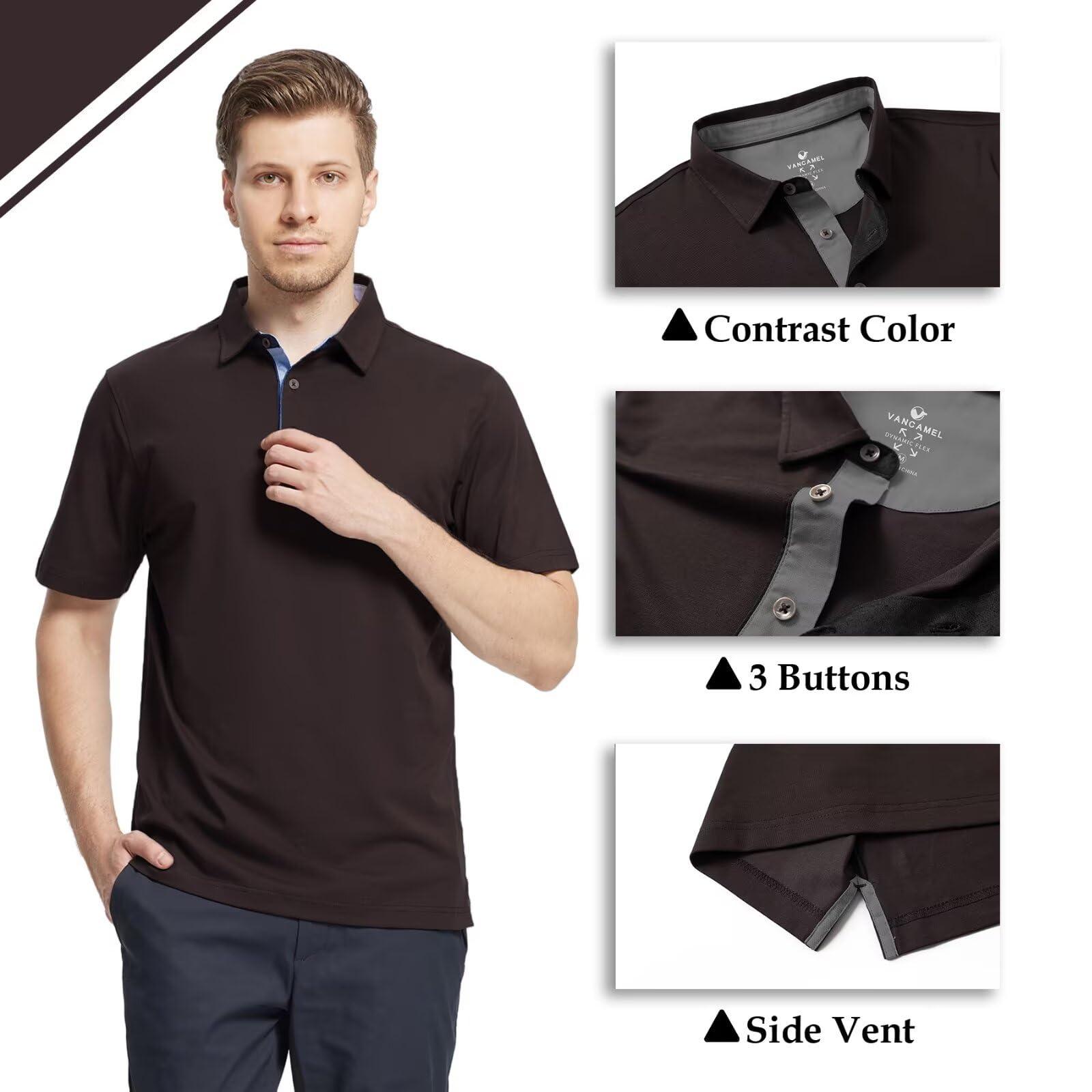 Polo Casual para Hombre, Manga Corta, Mezcla de algodón Mercerizado, Transpirable, Ajuste clásico, Polo de Negocios, Marrón Oscuro, Small