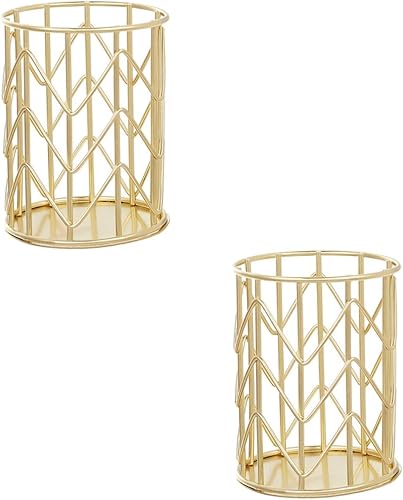 Ciieeo Organizador de escritorio de metal de alambre dorado, 2 unidades, moderno portalápices, contenedores de escritorio, tarro de brochas de