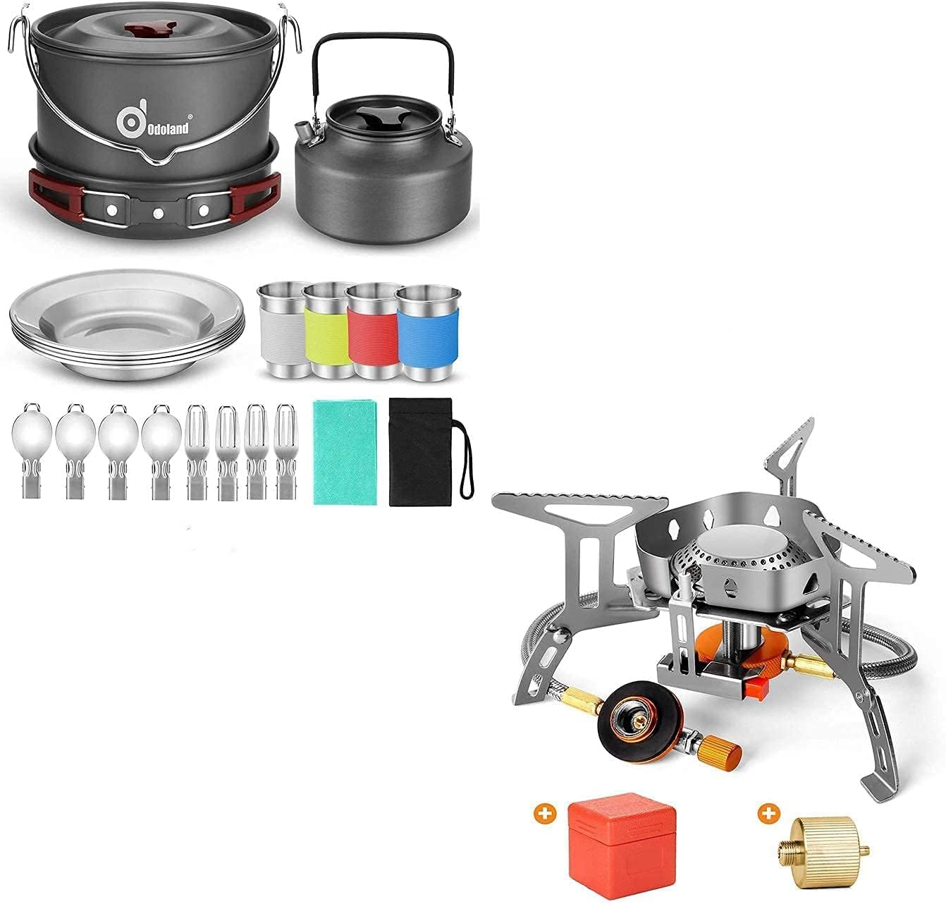 Odoland Bundle – 2 Items 22pcs Camping Cookware Mess Kit and 3500W Windrpoof Camp Stove Camping Gas Stove Kit