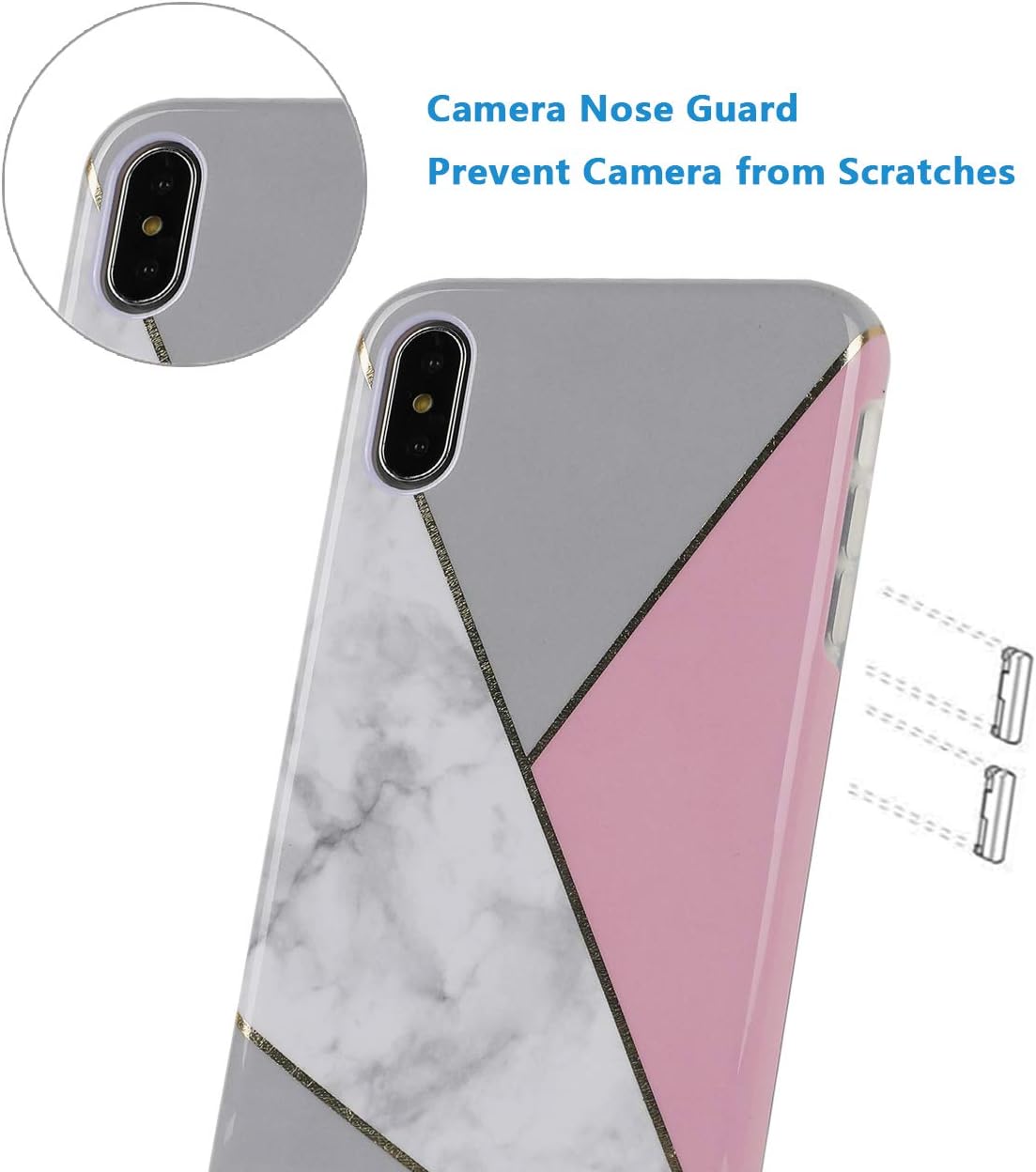 TRENSOM Marble Stripes iPhone Xs Case, iPhone X Case, Glossy Grey White Pink Geometry Stitching Pattern Dual Layer TPU Hard PC Shockproof Phone Cases Cover for Women Girls Men Boys