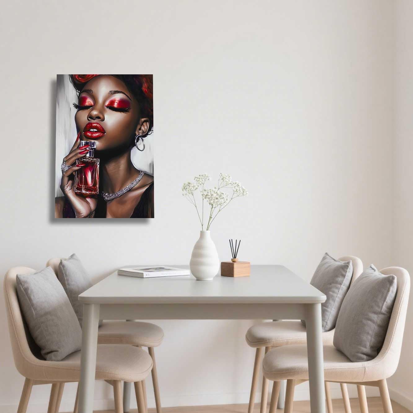 ZSHARTSWD African American Wall Art Black Women with Perfume Picture Fashion Black Girl Portrait Canvas Print Sexy Lips Painting Bedroom Bathroom Decor Framed (Red, 20L x 16W)