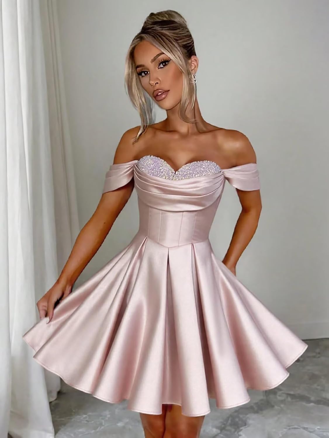 Short Satin Prom Dresses for Women 2026 Black Off Shoulder Homecoming Dress Sequin Evening Party Gowns Size16W