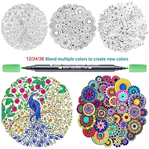 Sayeec Watercolor Brush Pens Set, 12 Colors Dual Tip Brush Pens With Fineliner Tip Art Marker Soft Flexible Tip Watercolor Effect - Best For Adult Coloring Books/Manga/Comic/Calligraphy #TOP3