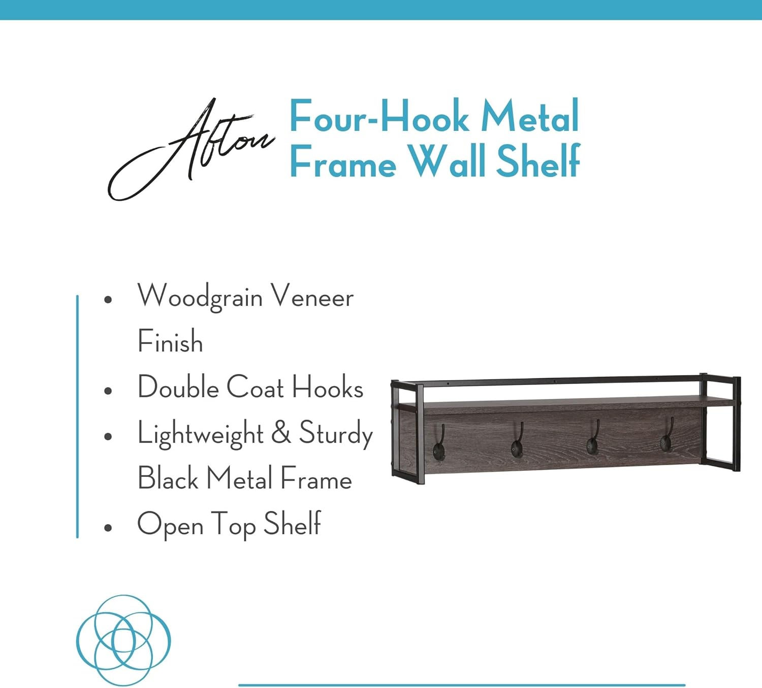 RiverRidge Afton 4-Hook Wall Mount Entryway Organizer Coat Rack Hanger - Weathered Woodgrain and Dark Brown Hooks