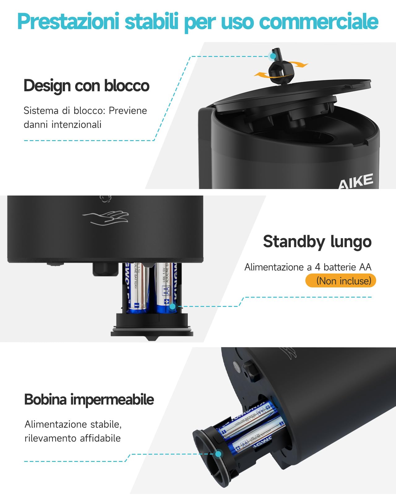 AIKE FoamCore Dispenser Sapone Schiuma Automatico, a Parete per Uso Commerciale, 750ML Acciaio Inossidabile per Sapone Mani Schiumogeno (Acciaio inox nero)