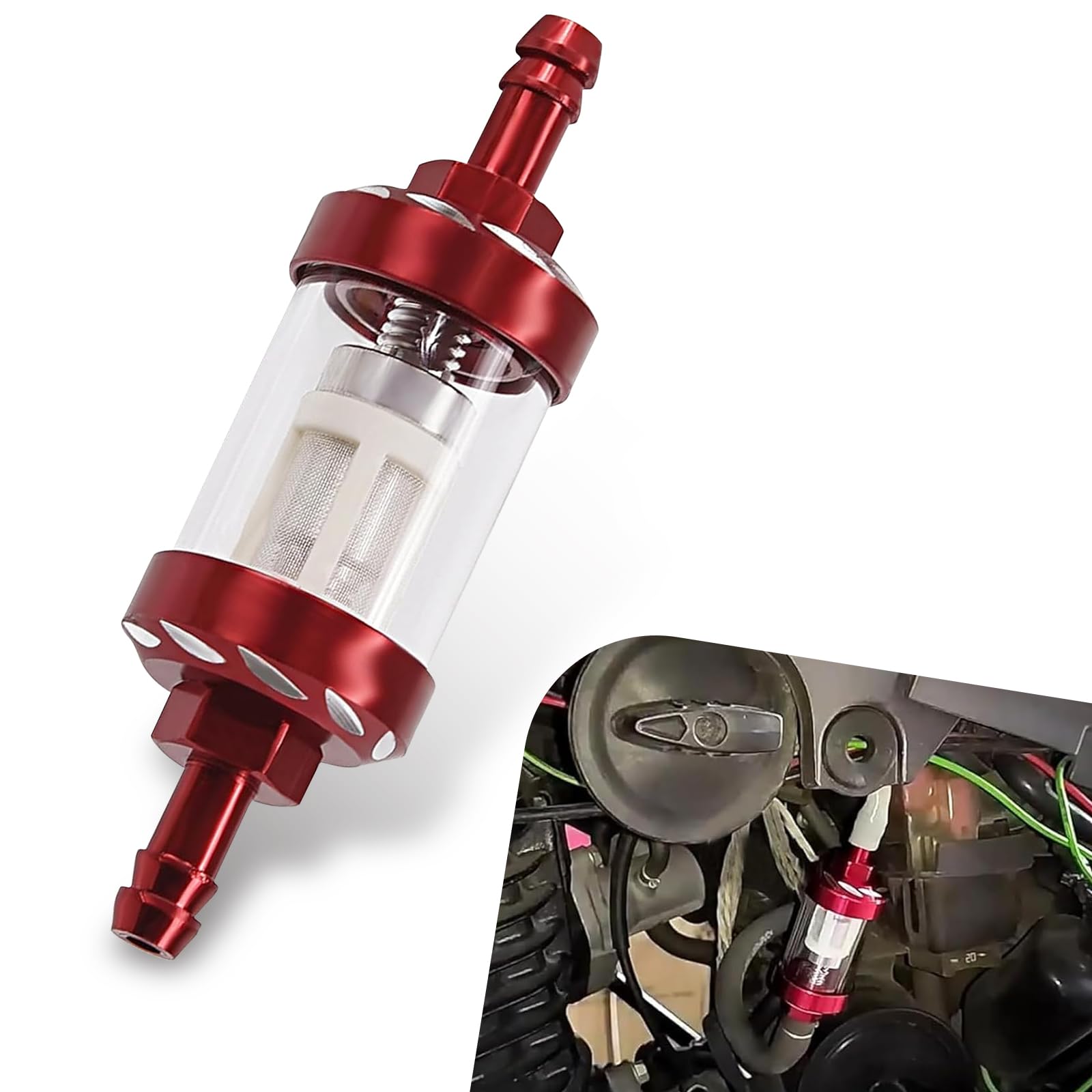 Sephile 1 PC Motorcycle Fuel Filter, Alloy + Tempered Glass Visible Oil Level Filter, Detachable Washable Efficient Purification Filter for 0.31" Pipe, Universal for Cars Motorcycles Scooters (Red)