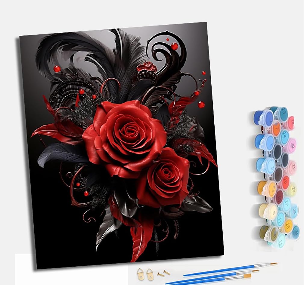 Mlnmeng Red/Black Paint By Numbers For Adults Painting Kit For Adults Craft Art Painting Kit Acrylic Pigment Drawing Paintwork For Gift Home Wall Decor 16X20 Inch (Without Frame) Roses And Feathers