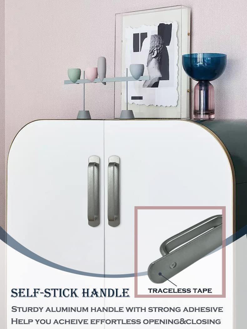 2 Pack 6-3/10" Self-Stick Handle Aluminum Cabinet Handle Pull with Adhesive Sliding Door Handle Pocket Door Handle Stick On Handle for Fridge Drawer Window Cupboard 2pcs/Set (6-3/10", Grey)