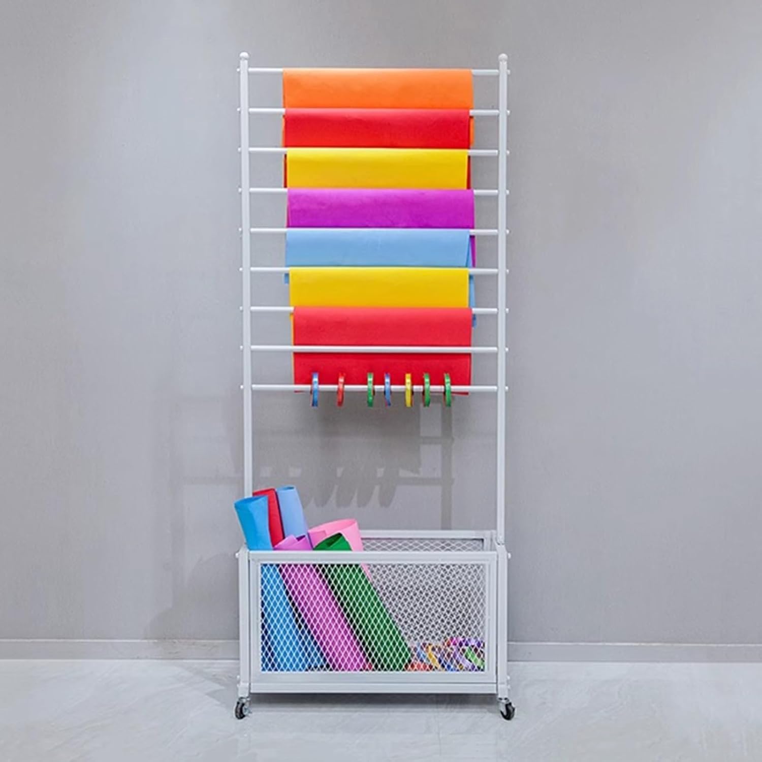 H67 Ribbon Holder Organizer Rack, Large Capacity Movable Metal Vinyl Roll/Fabric Storage with Storage Basket, Gift Wrapping Organizer Storage for Designer Artist(White,27.56x67in)