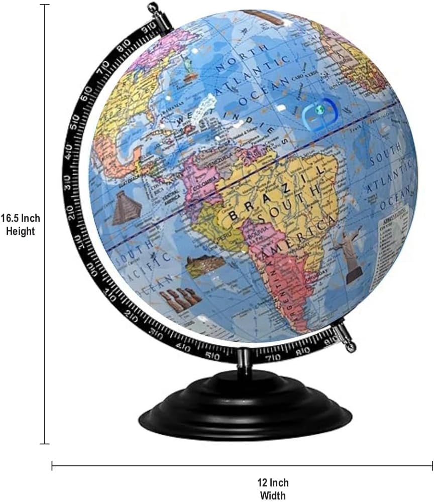 Rotating World Globe 12 Inch with Black Arc and Metal Stand for Show pieces for Home Décor, Office Decor and Decorations items,Study Table decor Items, Birthday, Party Gifts and
