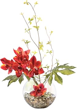 Cymbidium Orchid in Burgundy Orange & Monstera Leaf in Glass Ball Vase Handcrafted & Amazingly Lifelike Artificial Flowers