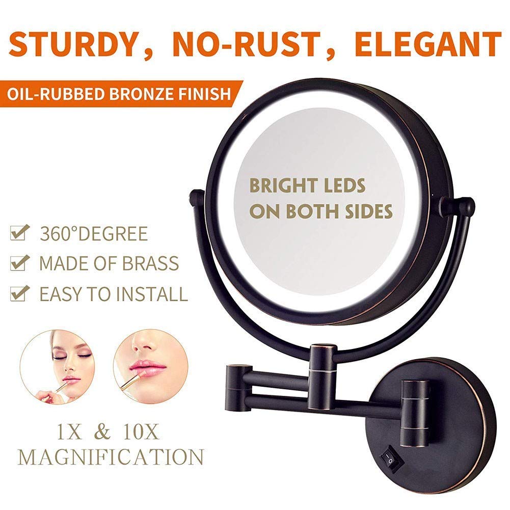 Specchio for trucco a LED da parete Specchio da barba pieghevole da 8 pollici con ingrandimento 10X Specchio da barba pieghevole for bagno Luce allungabile Specchio da parete cosmetico bifacciale Nero