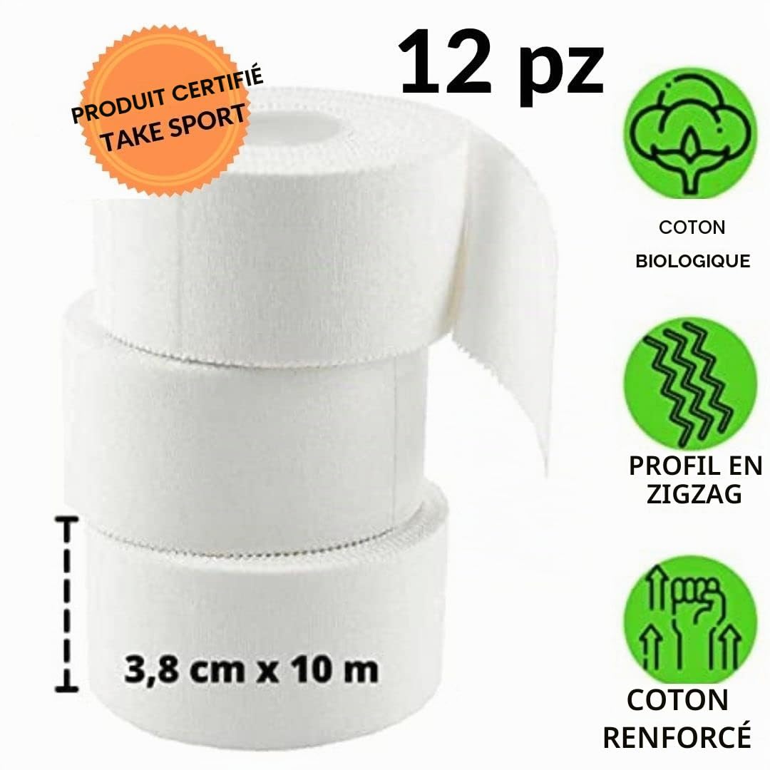 TS Take Sport® Strap sport 3,8 cm x 10 m – 12 rouleaux, sparadrap sportif fin en coton non élastique, bande adhésive pour doigts et petites articulations, strapping boxe crossfit volley football