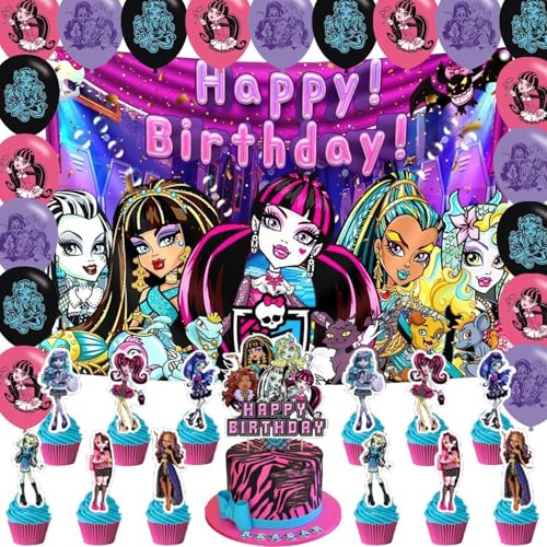 Monster Girl Happy Birthday Banner Backdrop for Monster Girl Birthday Party Supplies (5x3ft, Multicolor, Includes Balloons, Cake Topper, Cupcake Toppers