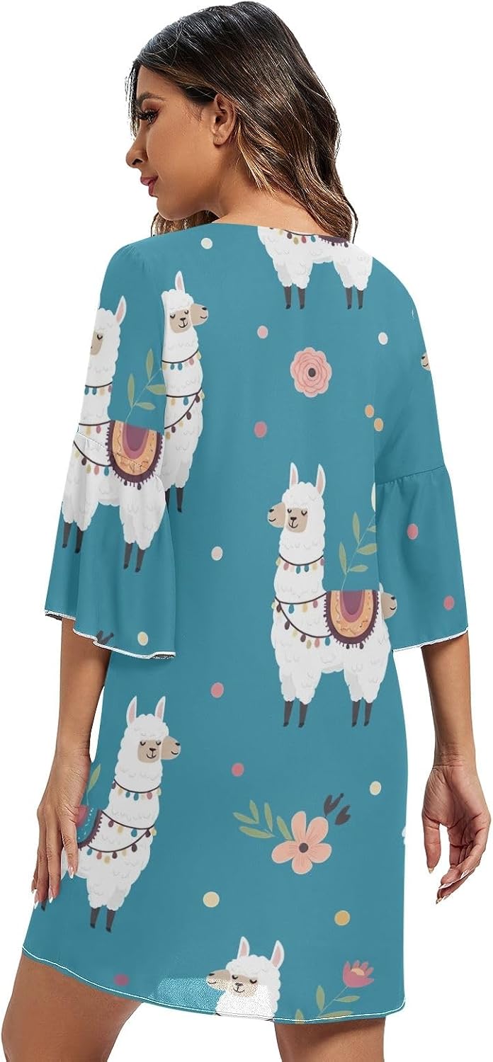 Cute Llamas Blue Ladies Chiffon Dress 3/4 Sleeve Swing Dress S-XXL