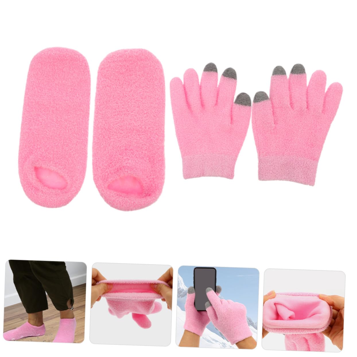 NOLITOY 2 pares Térmicos Hidratantes y Calcetines de Gel Rosa Resistentes y Duraderos Táctiles para Manos Secas y Pies Cuidado Nocturno para Invierno Set para Spa y Protección Diaria