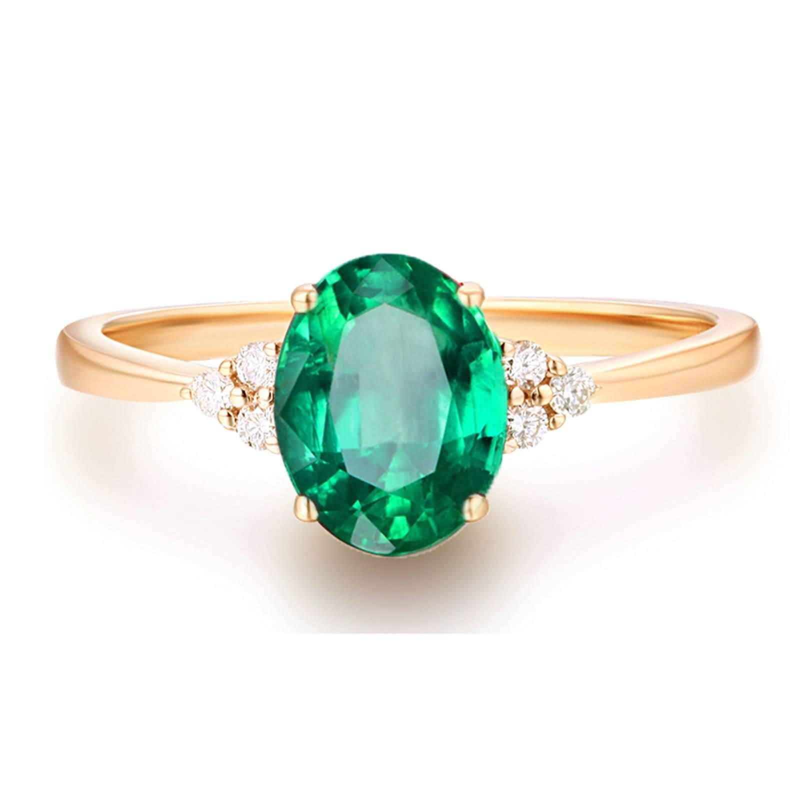 Anello Fedina Donna Oro 9 Kt / 14 Kt / 18 Kt, 4 Griffe Ovale con Smeraldo Sintetico e Moissanite, Anelli Fedi Nuziali di Verde Oro Donna