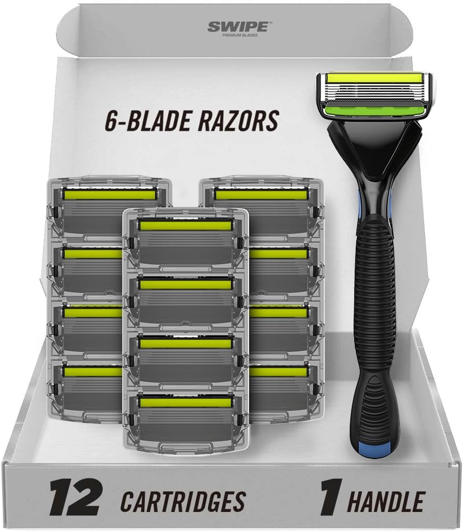SWIPE Premium Men's 6-Blade Razor Kit (Flex Head Handle + 12 Refills) (No Trimmer)