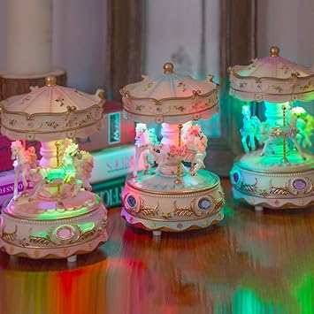 Carousel Music Box, Rotating Horses with LED Light, Resin Decor, Purple | Wind up carousel music box with rotating horses, 18-note melody, and LED accent light for compact tabletop decor