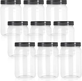 Fasmov 9 Pack 32 Oz Plastic Jars with Black Lids, Wide Mouth Clear Empty Plastic Storage Containers for Crafts, Dry Food, Peanut Butter, Honey and Jam Storage