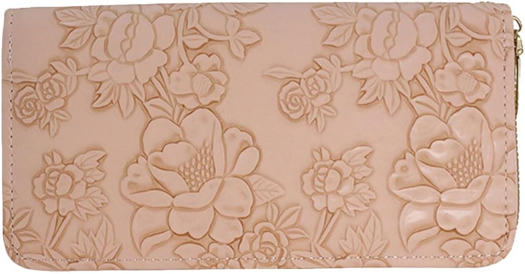 Women's floral embossed wallet, women's ultra-thin wallet, large capacity zippered handbag, detachable wristband, 7.67 x 3.93 inches, light purple
