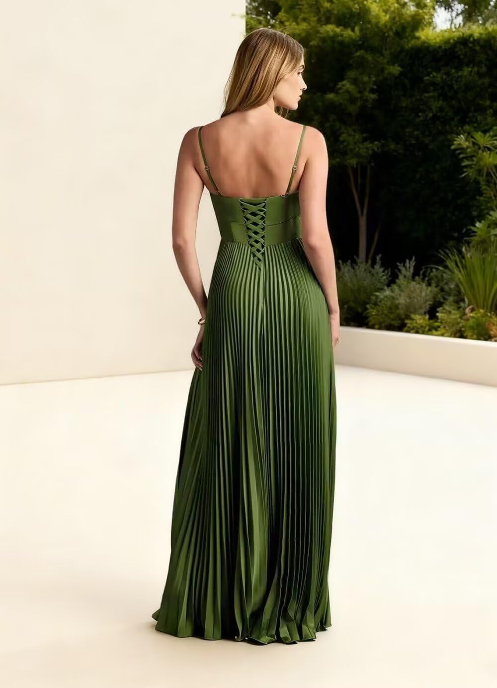 Pleated Satin Bridesmaid Dresses for Women Spaghetti Strap Long Prom Formal Dress with Slit - Image 2