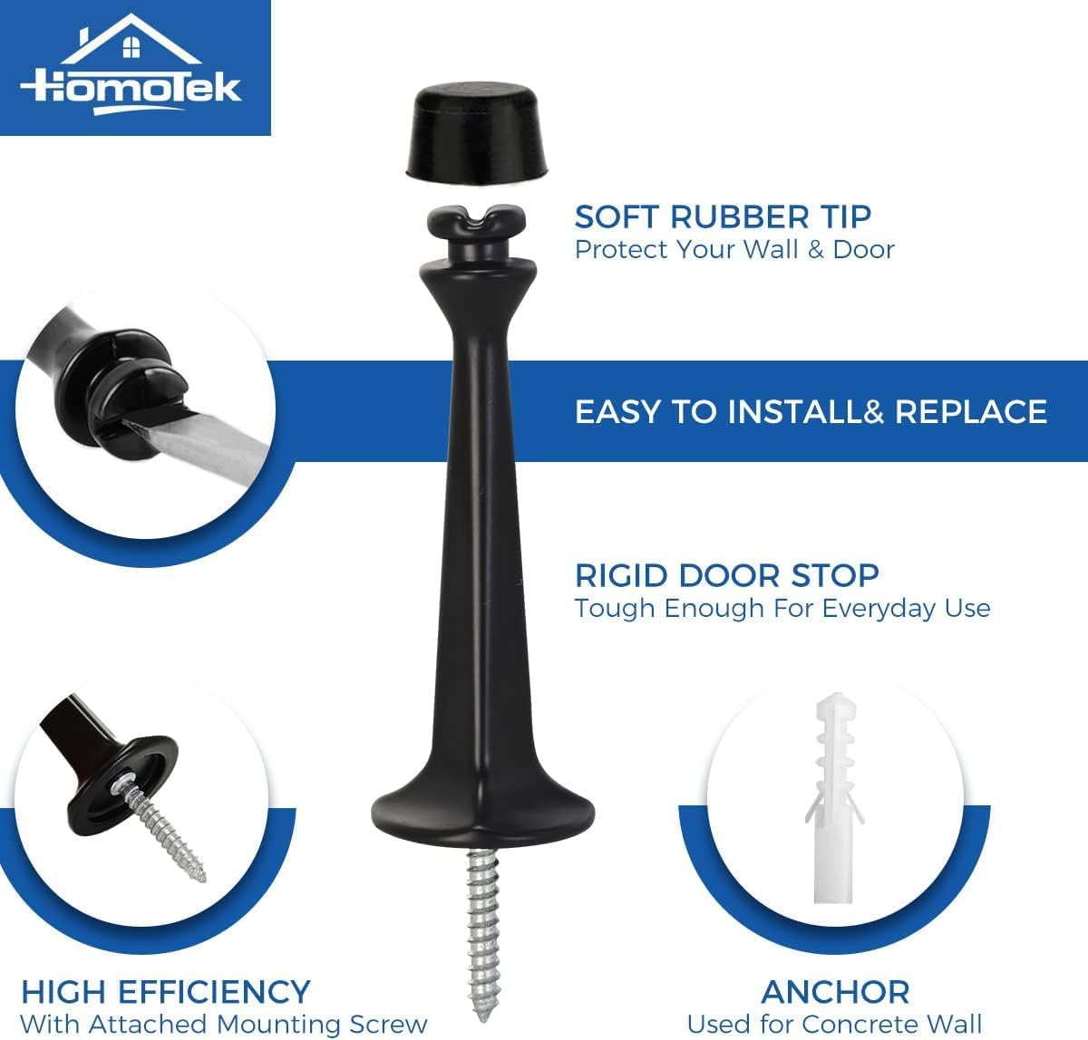 HOMOTEK 20 Pack Heavy Duty Solid Rigid Door Stop with Soft Rubber Tip, Zinc Die Cast Door Stopper Protect Wall & Door, Black