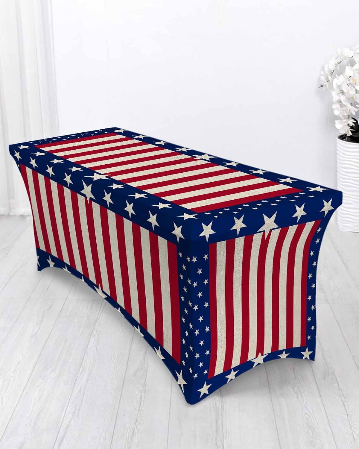 Spandex Table Cloth for 6FT, USA Flag 4th of July Stars Blue White Red Stripe Retro Fitted Table Cover Wrinkle Resistant Rectangular Stretch Table Cloths for Event, Wedding, Banquet, Parties