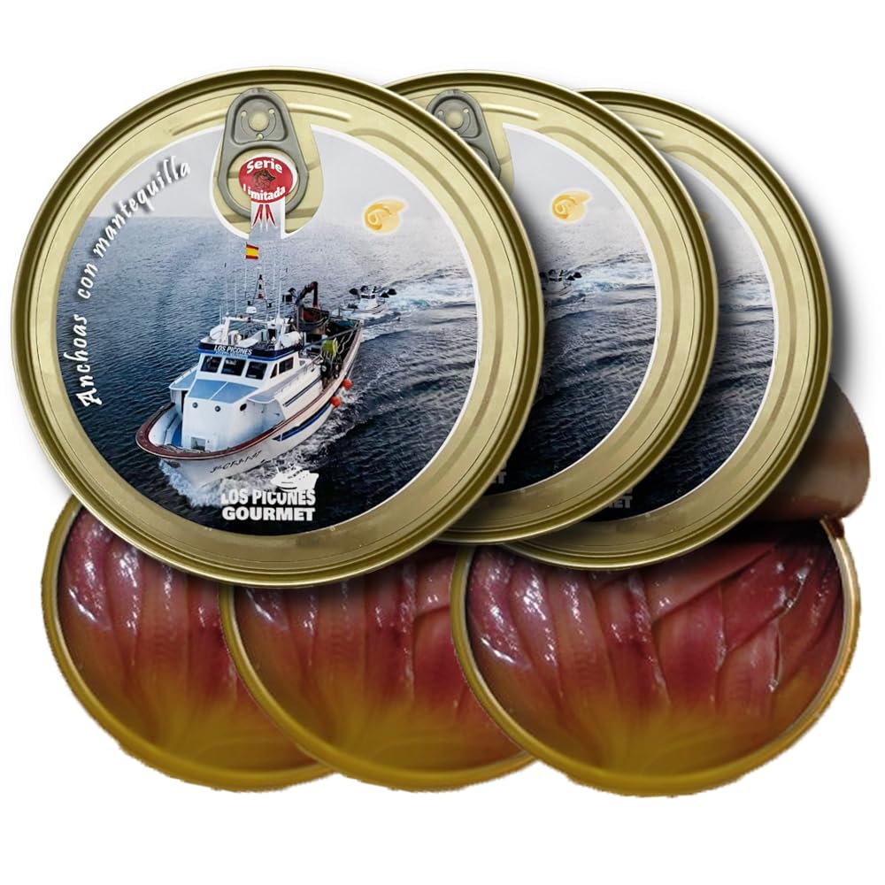 Los Picones Gourmet® Anchoas de Santoña en Mantequilla Líquida I Pack 3 Latas (85gr. escurrido/12 filetes)(255gr./ 36 filetes) I Anchoas del Cantábrico Gourmet 000 I Conservas y Salazones Gourmet.