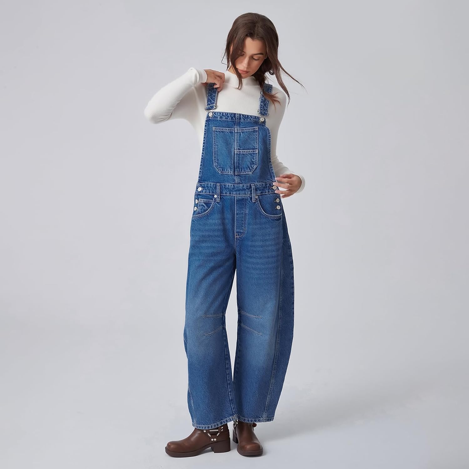 Ladyful Women's Denim Overall Casual Straight Wide Leg Bib Jeans Overall Adjustable Straps Denim Romper Stretch Jumpsuits - Image 2