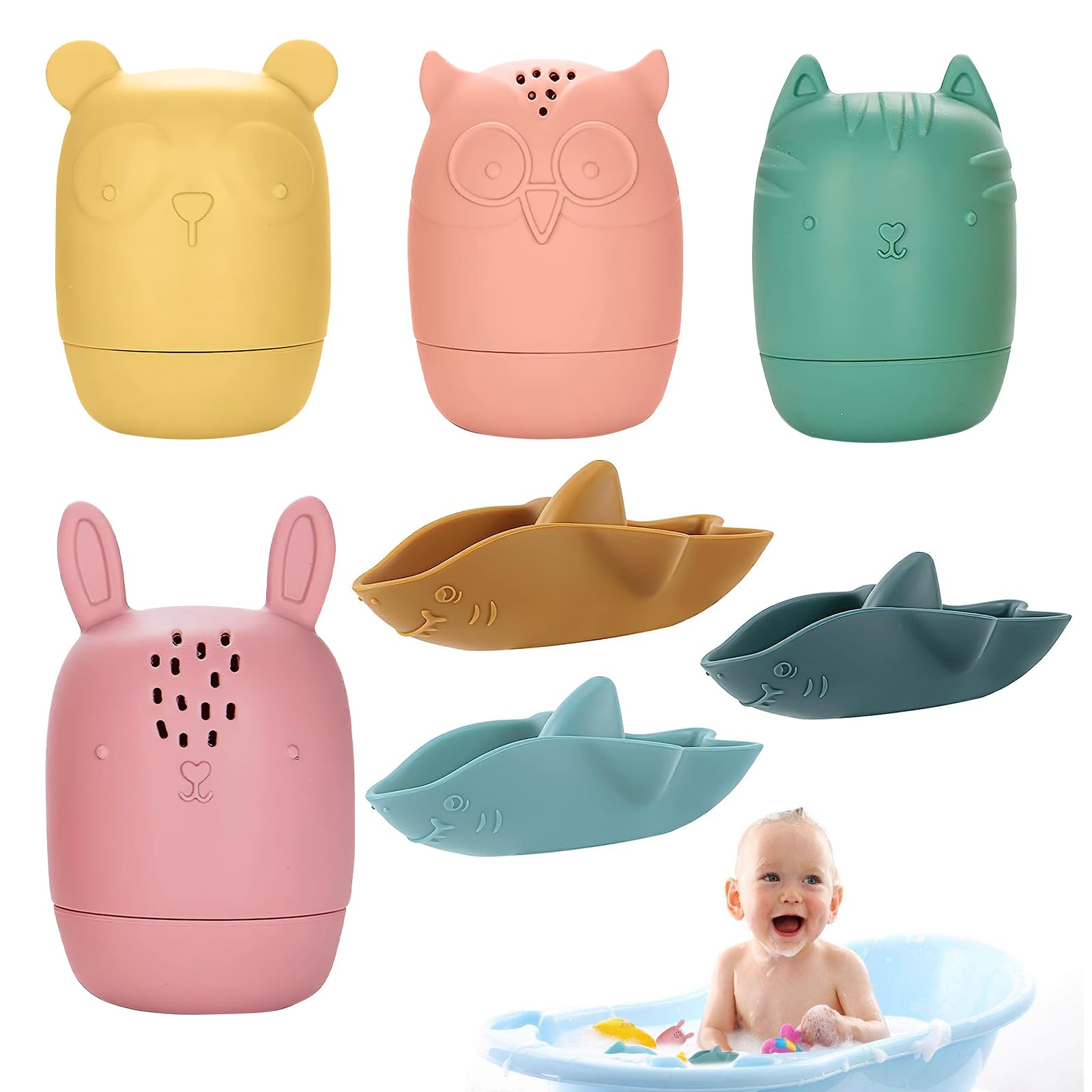 Anevios Juguetes Baño Bebe 7 PCS Silicona Suave Juguetes Bañera con Apertura Juguetes de Natación del Flotante Juguetes de Ducha Educativos Regalo para Niños 1 2 3 4 Año