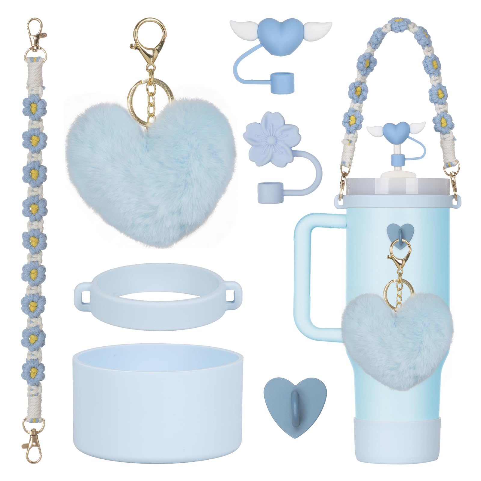 Rabrgab 7Pcs Blue Stanley Cup Accessories Set with Handle Strap, Love Heart/Flower Straw Topper Straw Cover Cap, Silicone Boot, Love Heart Charms for
