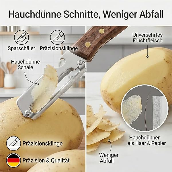 3-in-1 Multifunktionaler Gemüseschäler für die Küche - Zero Snag Holzschäler aus Edelstahl, Sparschäler mit Holzgriff & integriertem Flaschenöffner für Obst, Gemüse & Fleischscheiben (1) - 3