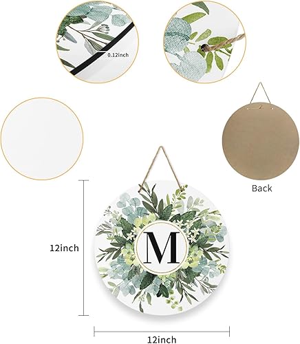 Miniatura 2 de Letrero de bienvenida para decoración de puerta delantera, frontones de pared, monograma, letra M, acuarela, eucalipto, primavera, verano, rural, de