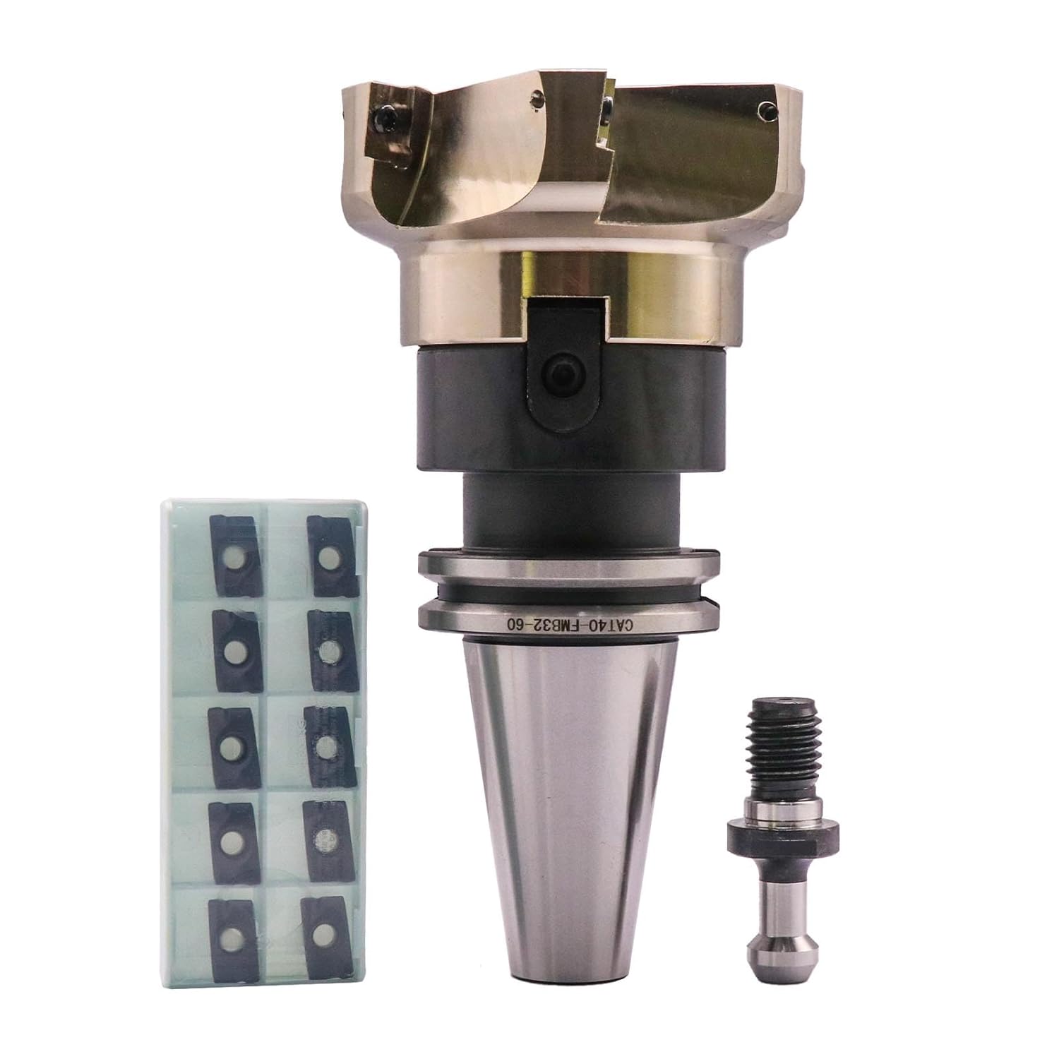 3.94In/100mm Cutting Diameter 90° Cutting 6 Flute Indexable Face End Mill Shell Cutter 400R-100-32-6T, Shank Face End Mill Holder CAT40-FMB32-60 with 10Pcs APMT1604 Carbide Inserts and 45° Pull Stud