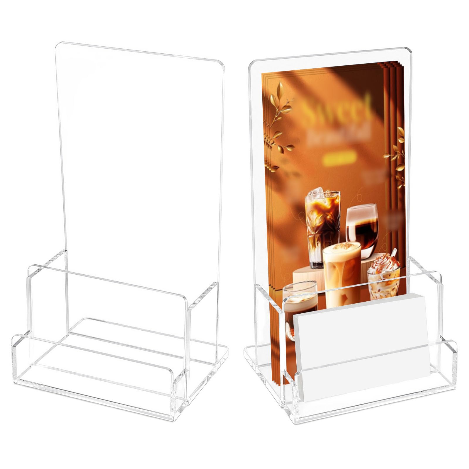 2 Pack Expositor para Folletos A6 de Metacrilato Transparente Soporte Inclinado con Porta Tarjetas de Visita Organizador de Flyers Publicidad Base Antivuelco Estable para Mesa Mostrador Negocio | Acrílico transparente con ranura para tarjetas de visita, 3
