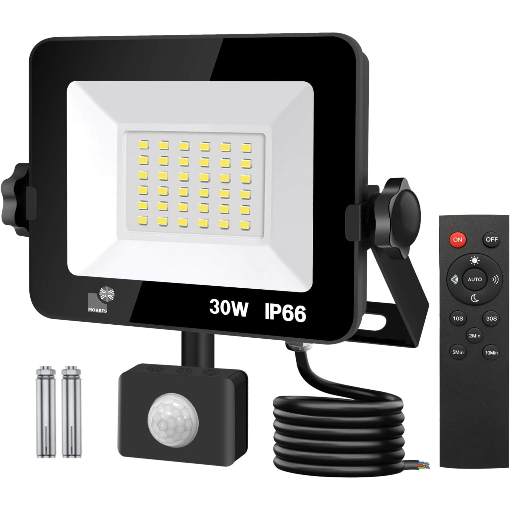 Morris LED Motion Sensor Floodlight 30w PIR with Remote Control, Outdoor Security Light, IP66 Waterproof, Outdoor Wall Light for Garden, Garage, Shed, Doorways