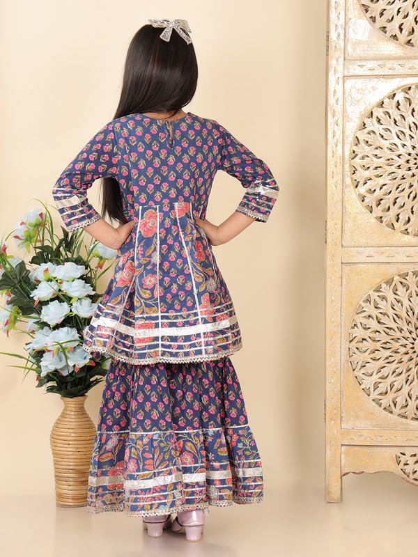 Image of superminis Girls Cotton Floral Printed Gotta Work 3 /4 Sleeves Flared Design Kurti & Sharara Set